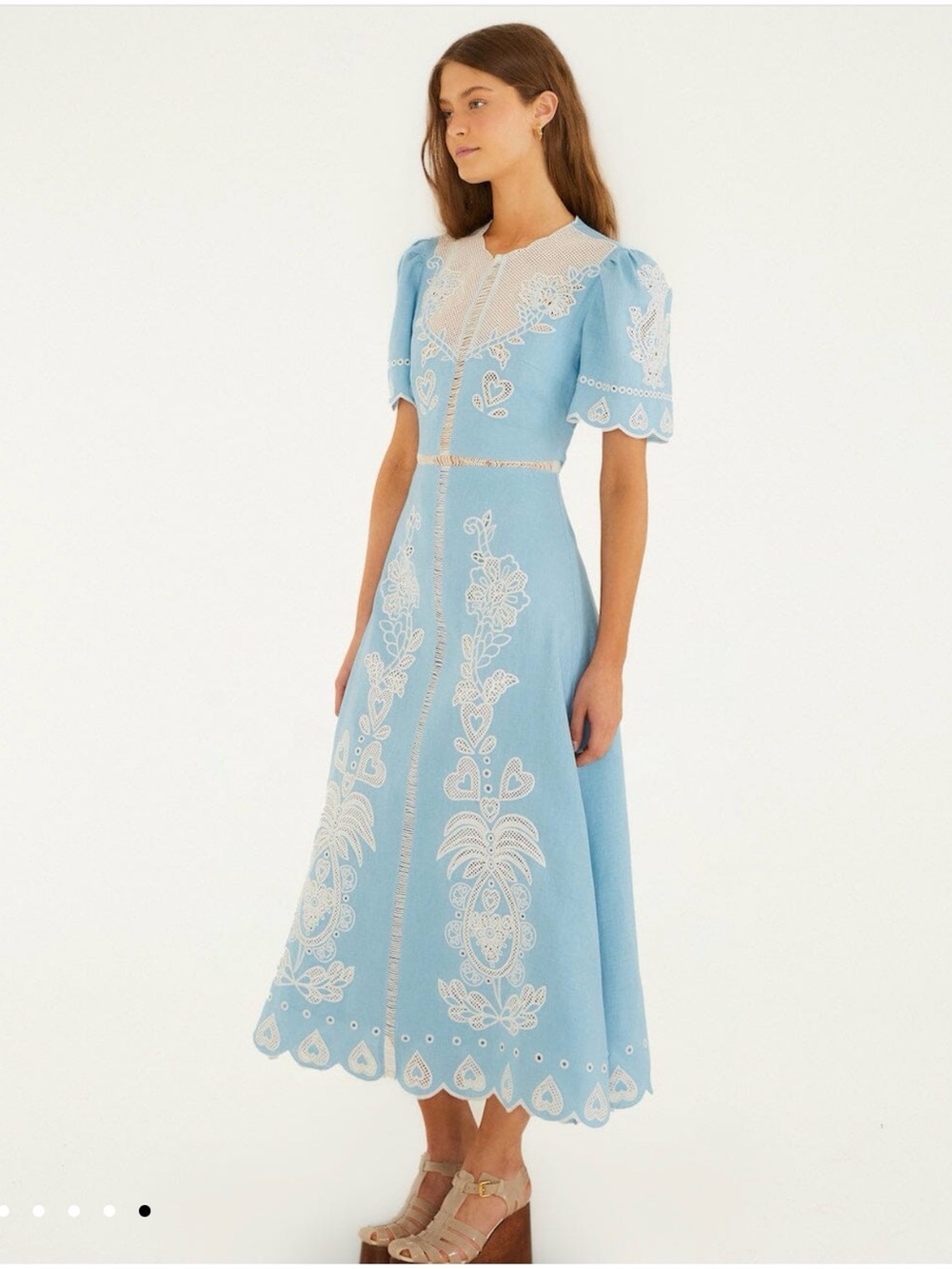 FARM Rio Light Blue Embroidered Euroflax Premium Linene Midi Dress